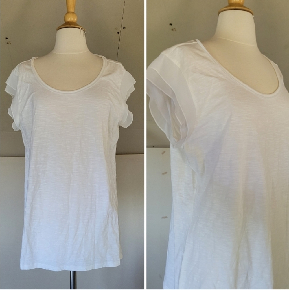 Womens White Flutter Sleeve Scoop Neck Tee